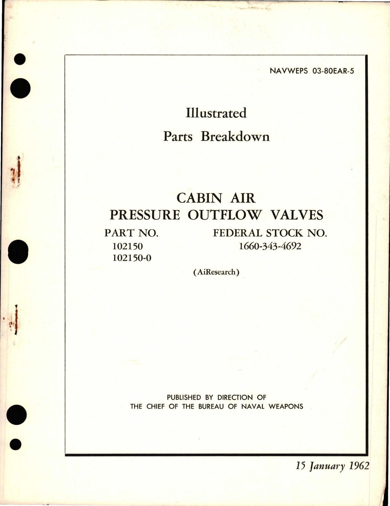 Sample page 1 from AirCorps Library document: Illustrated Parts Breakdown for Cabin Air Pressure Outflow Valves - Parts 102150 and 102150-0