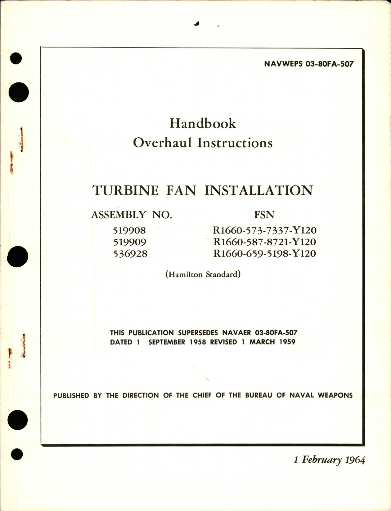 Sample page 1 from AirCorps Library document: Overhaul Instructions for Turbine Fan - Assemblies 519908, 519909, and 536928