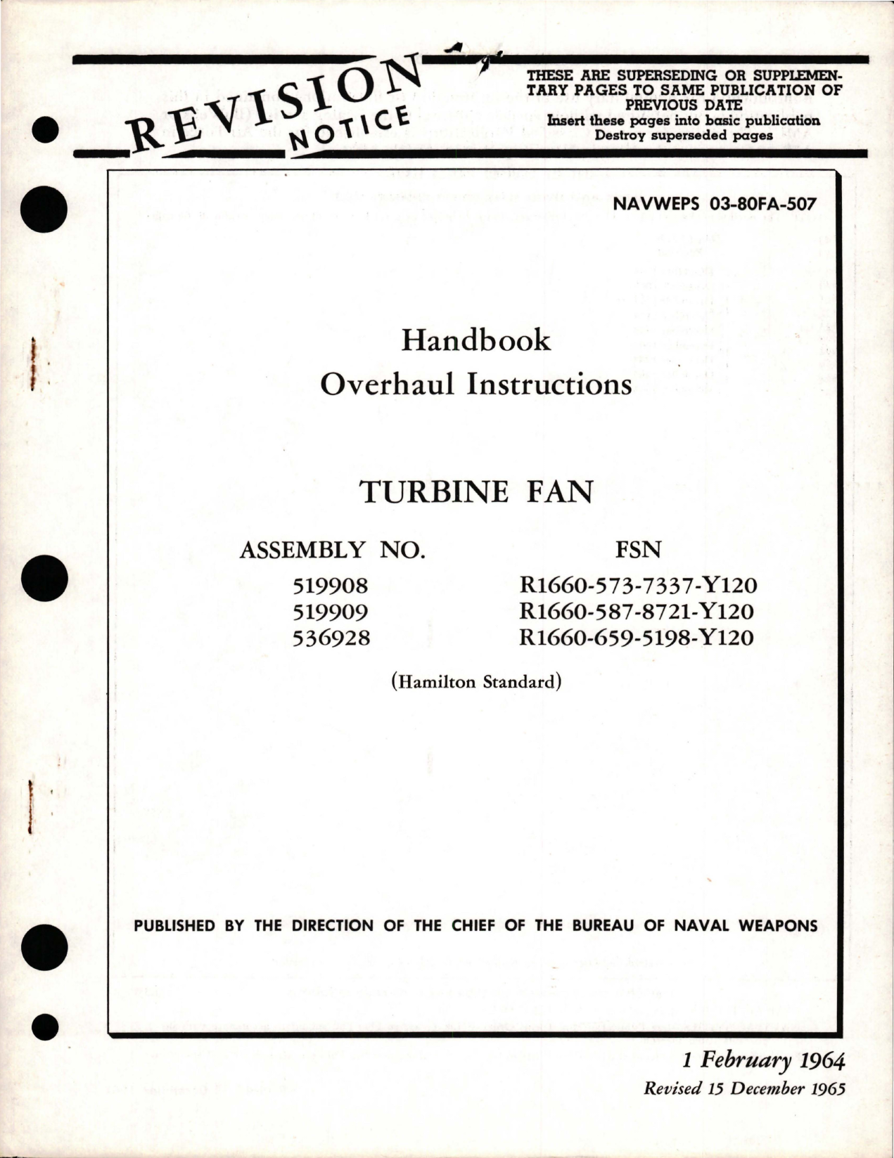 Sample page 1 from AirCorps Library document: Overhaul Instructions for Turbine Fan - Assemblies 519908, 519909, and 536928