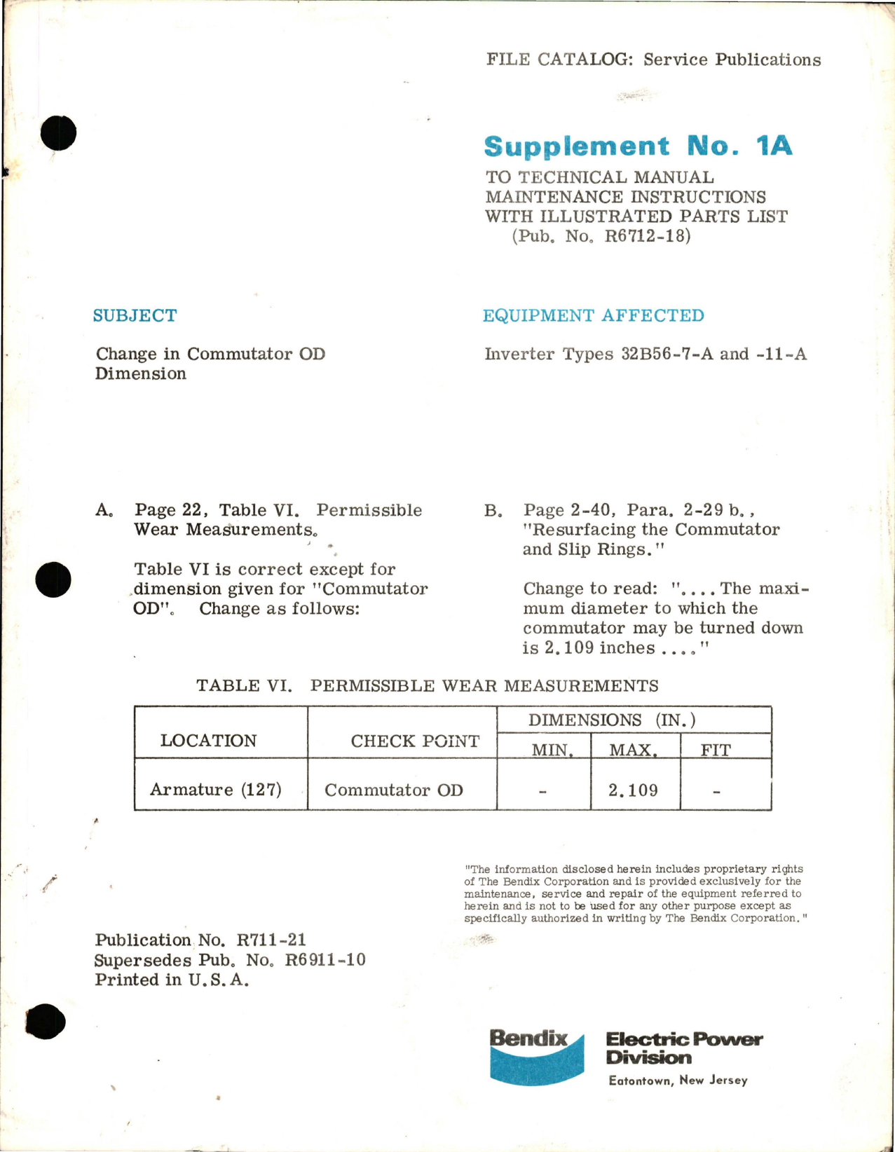 Sample page 1 from AirCorps Library document: Supplement No. 1A to Maintenance Instructions with Illustrated Parts List for Inverter - Types 32B56-7-A, 32B56-11-A