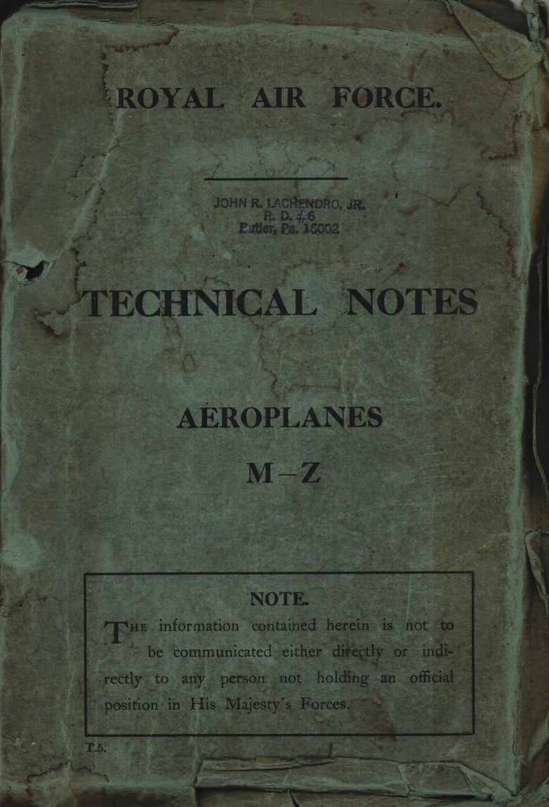 Sample page 1 from AirCorps Library document: RAF Technical Notes for Aeroplanes M-Z