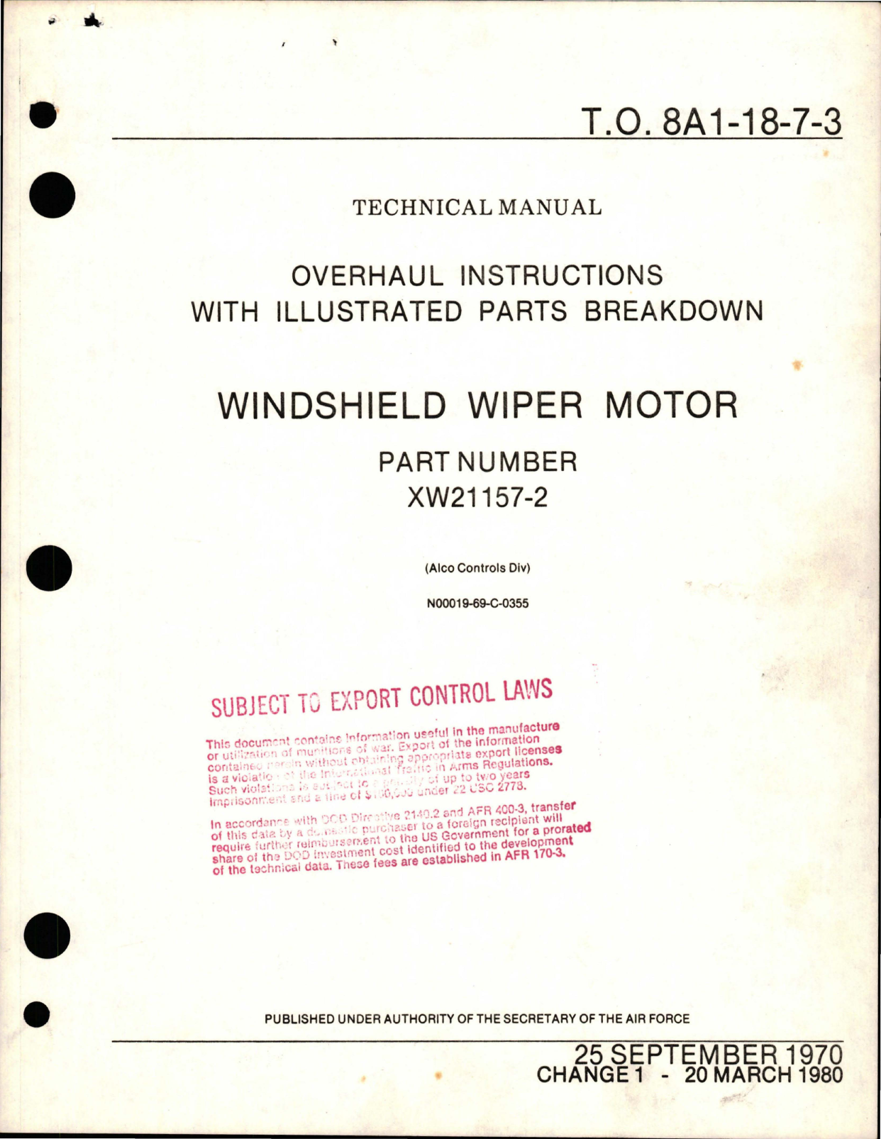 Sample page 1 from AirCorps Library document: Overhaul Instructions with Illustrated Parts Breakdown for Windshield Wiper Motor - Part XW21157-2 