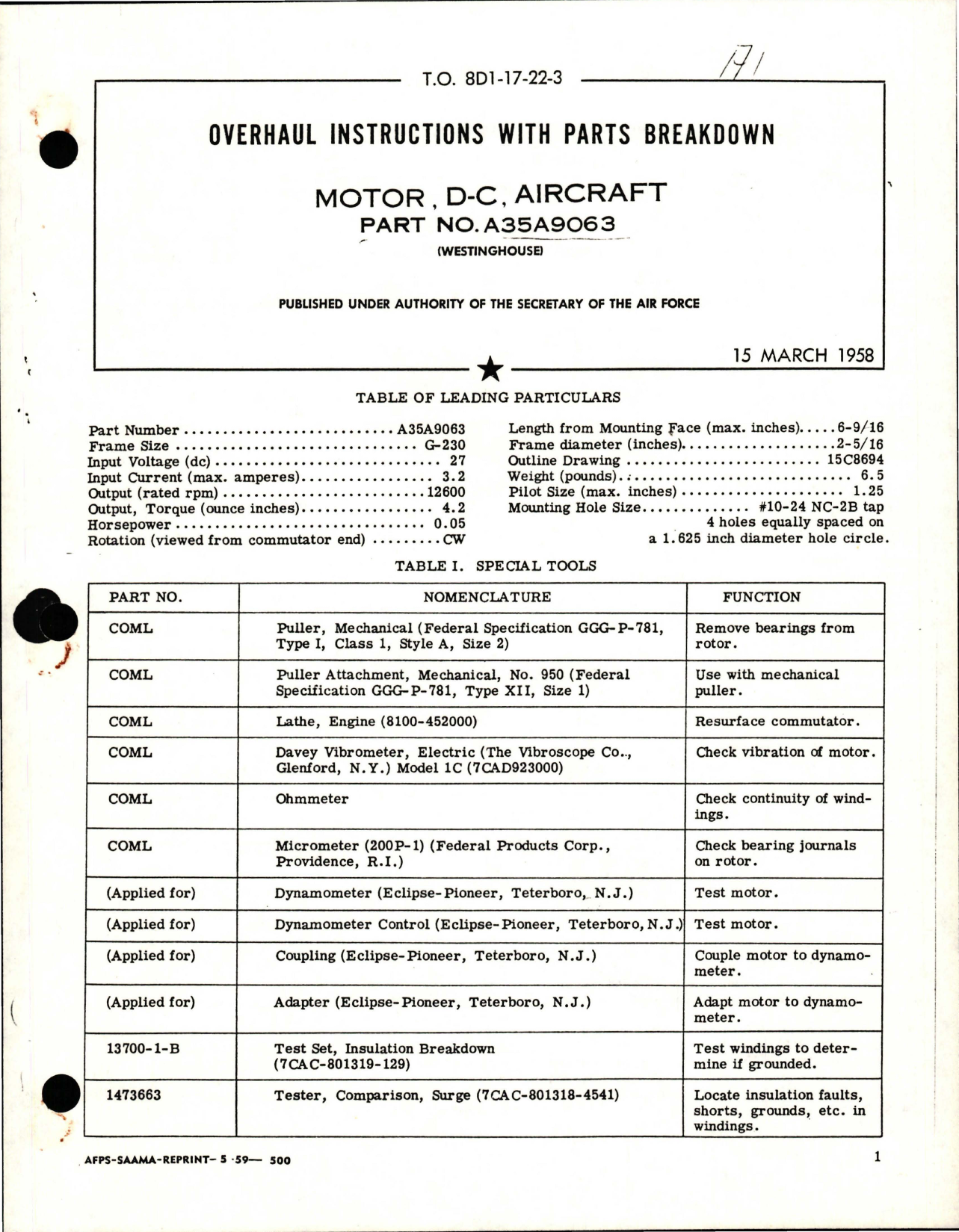 Sample page 1 from AirCorps Library document: Overhaul Instructions with Parts Breakdown for D-C Motor Aircraft - Part A35A9063