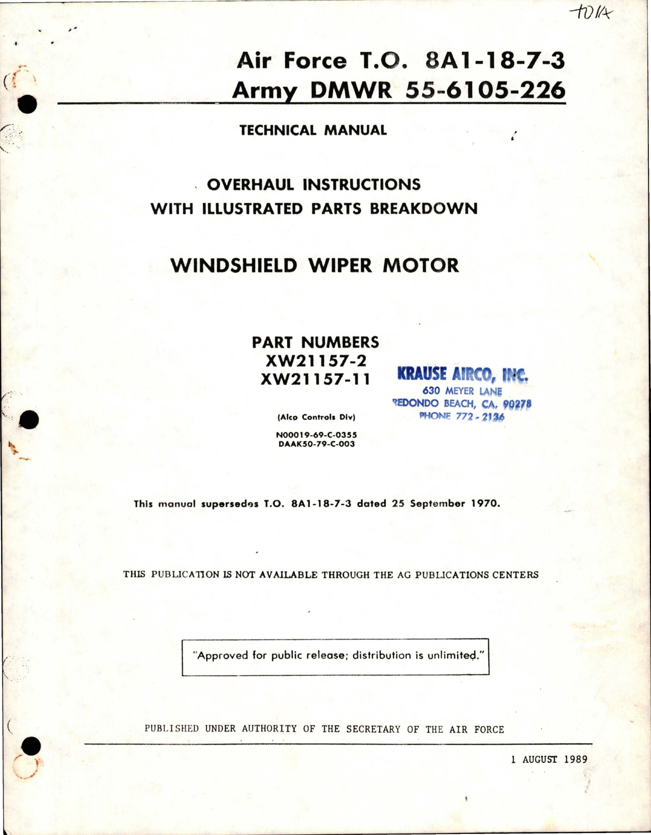 Sample page 1 from AirCorps Library document: Overhaul Instructions with Illustrated Parts Breakdown for Windshield Wiper Motor - Part XW21157-2 and XW21157-11 