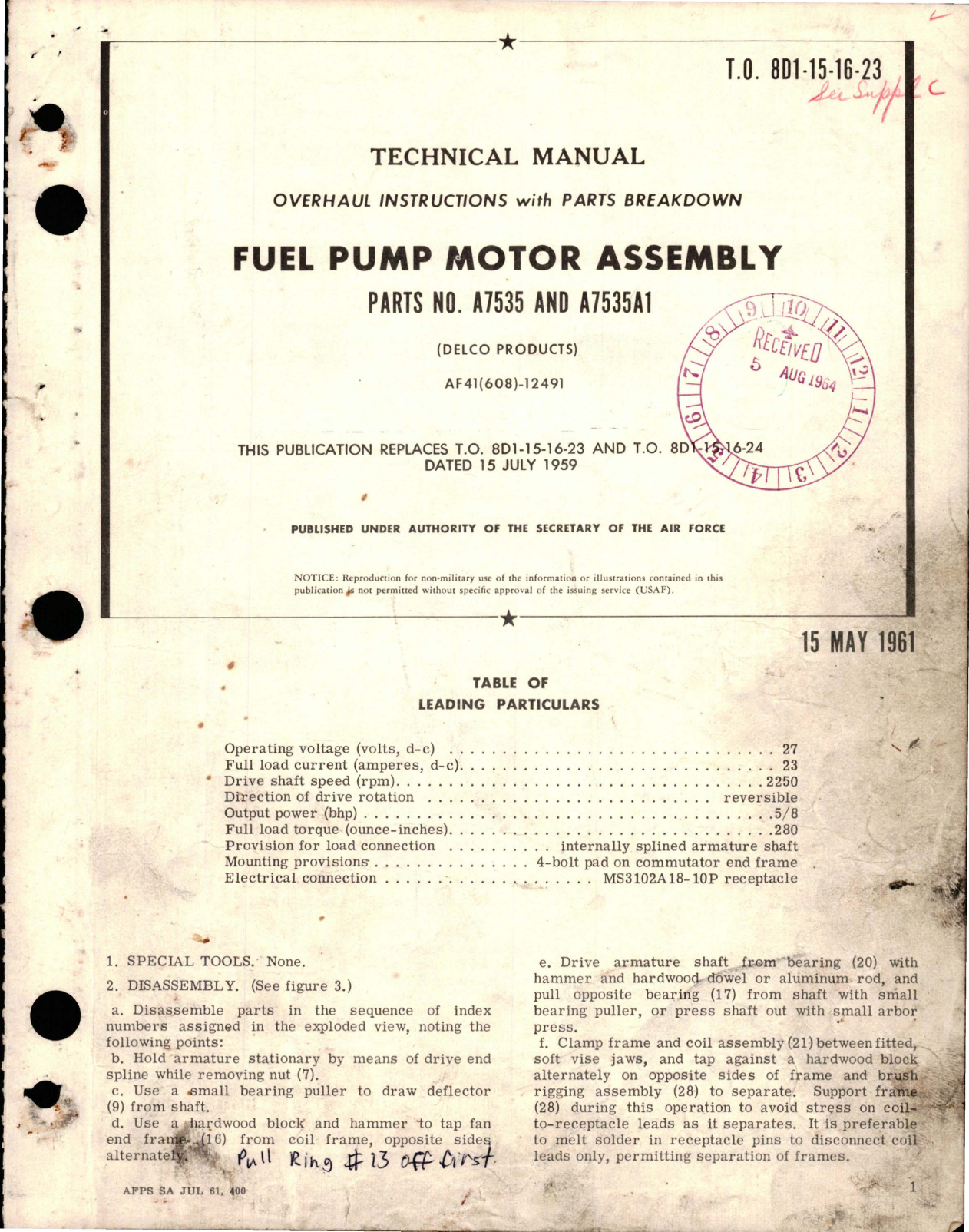 Sample page 1 from AirCorps Library document: Overhaul Instructions with Parts Breakdown for Fuel Pump Motor Assembly - Parts A7535 and A7535A1