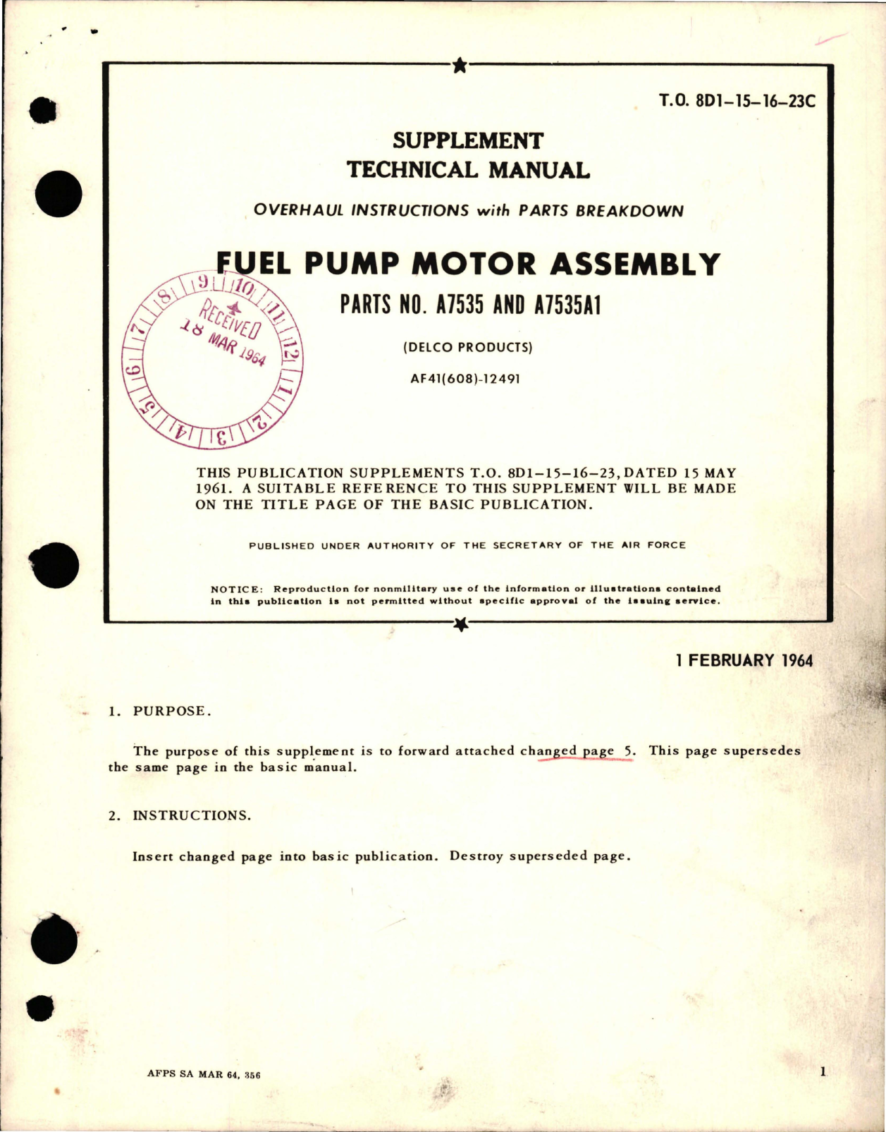 Sample page 1 from AirCorps Library document: Supplement to Overhaul Instructions with Parts Breakdown for Fuel Pump Motor Assembly - Parts A7535 and A7535A1 