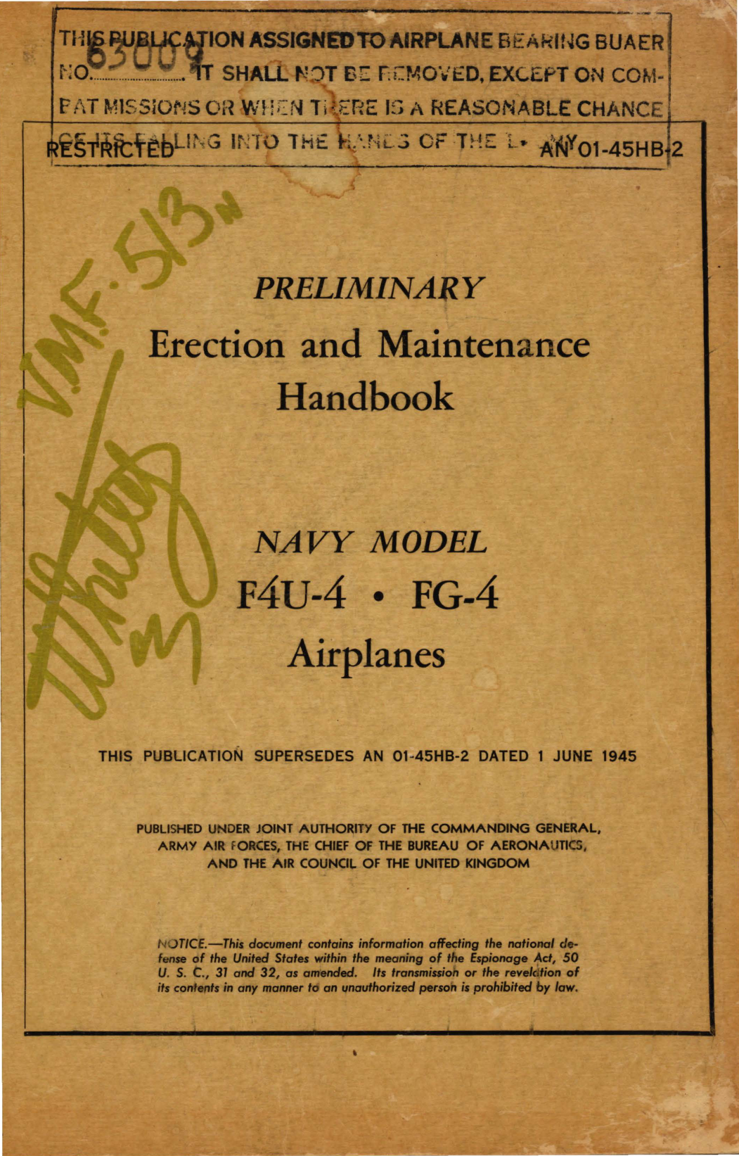 Sample page 1 from AirCorps Library document: Erection and Maintenance Instructions for Navy Model, F4U-4, FG-4