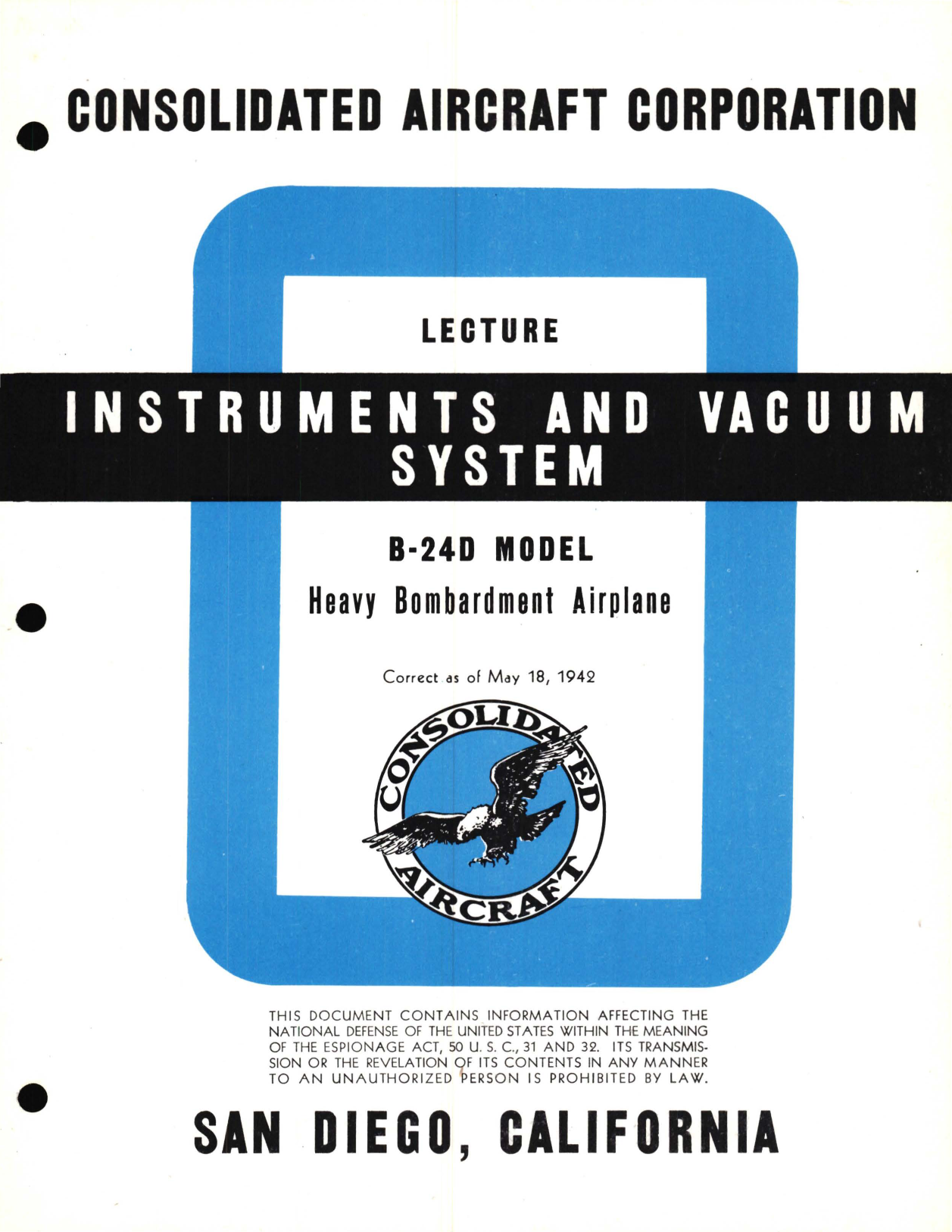 Sample page 1 from AirCorps Library document: Instruments and Vacuum System Information for the Model B-24D 