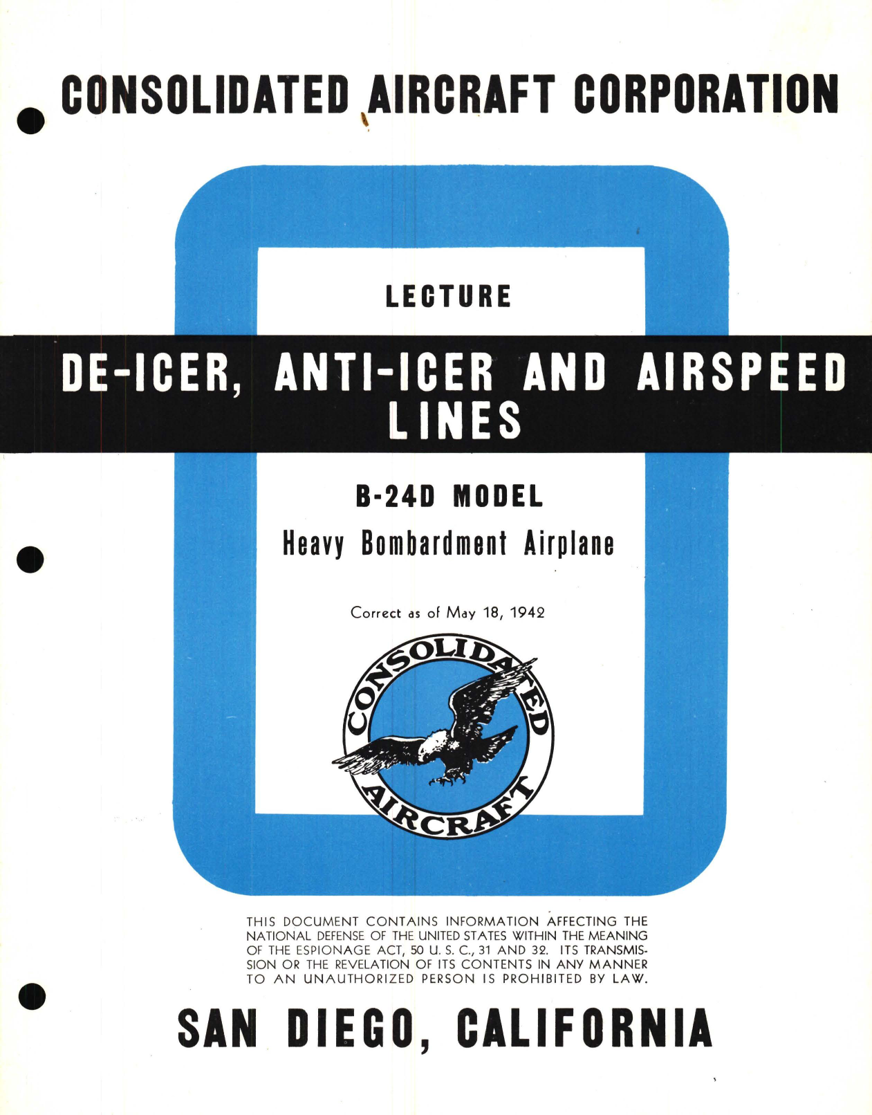 Sample page 1 from AirCorps Library document:  De-icer, Anti-Icer and Airspeed Lines Information for the Model B-24D 