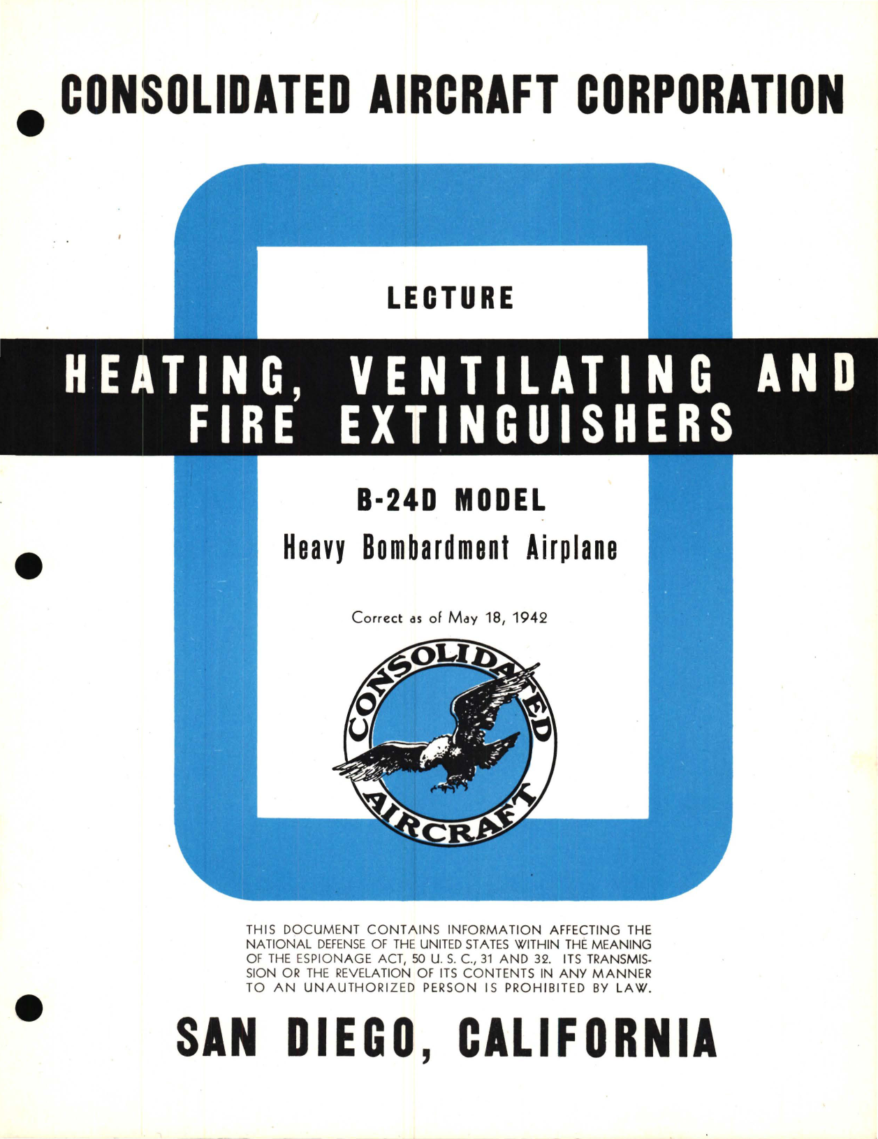 Sample page 1 from AirCorps Library document: Heating, Ventilating, and Fire Extinguishers Information for the Model B-24D 