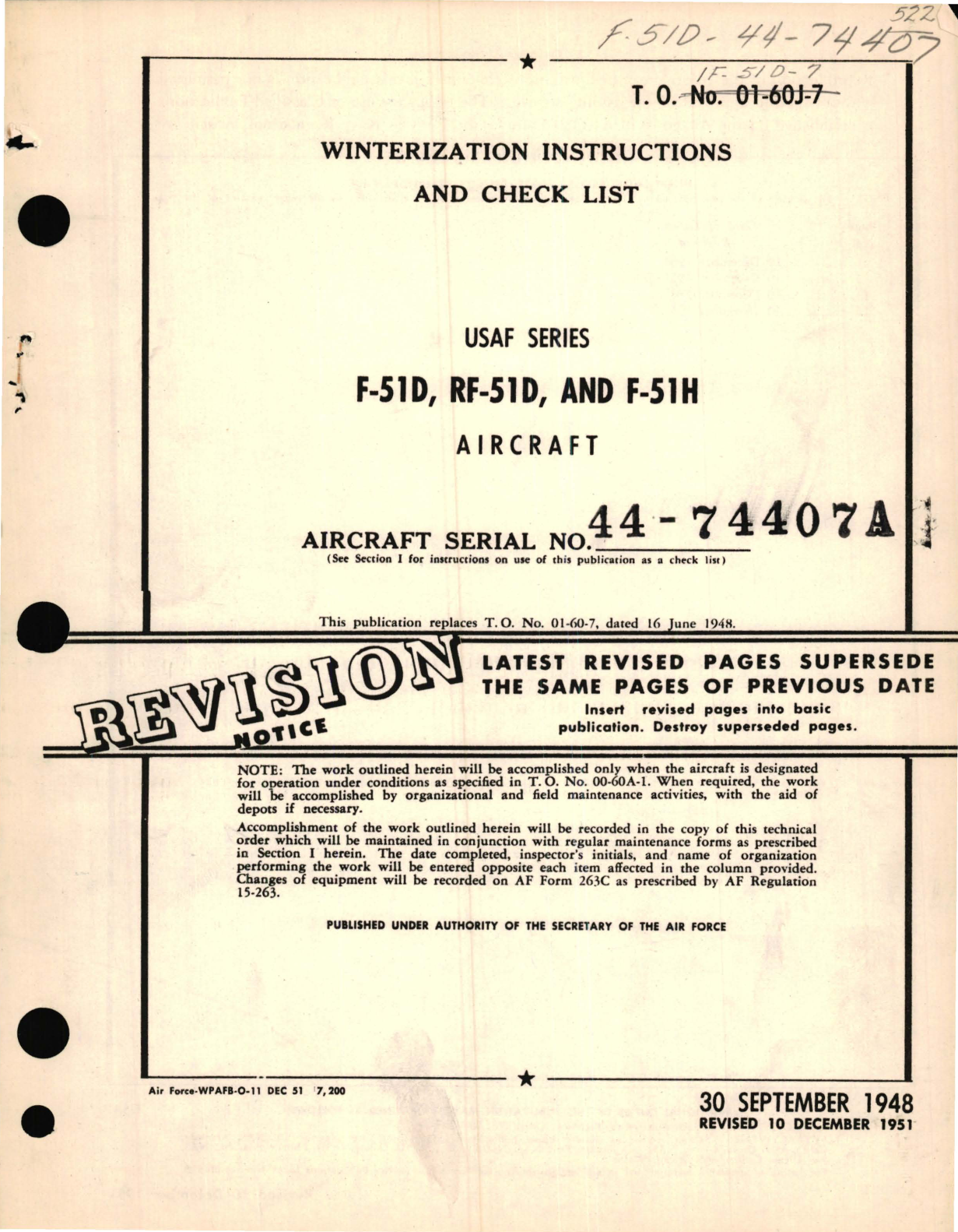 Sample page 1 from AirCorps Library document: Winterization Instructions and Check List for USAF F-51D, RF-51D, and F-51H