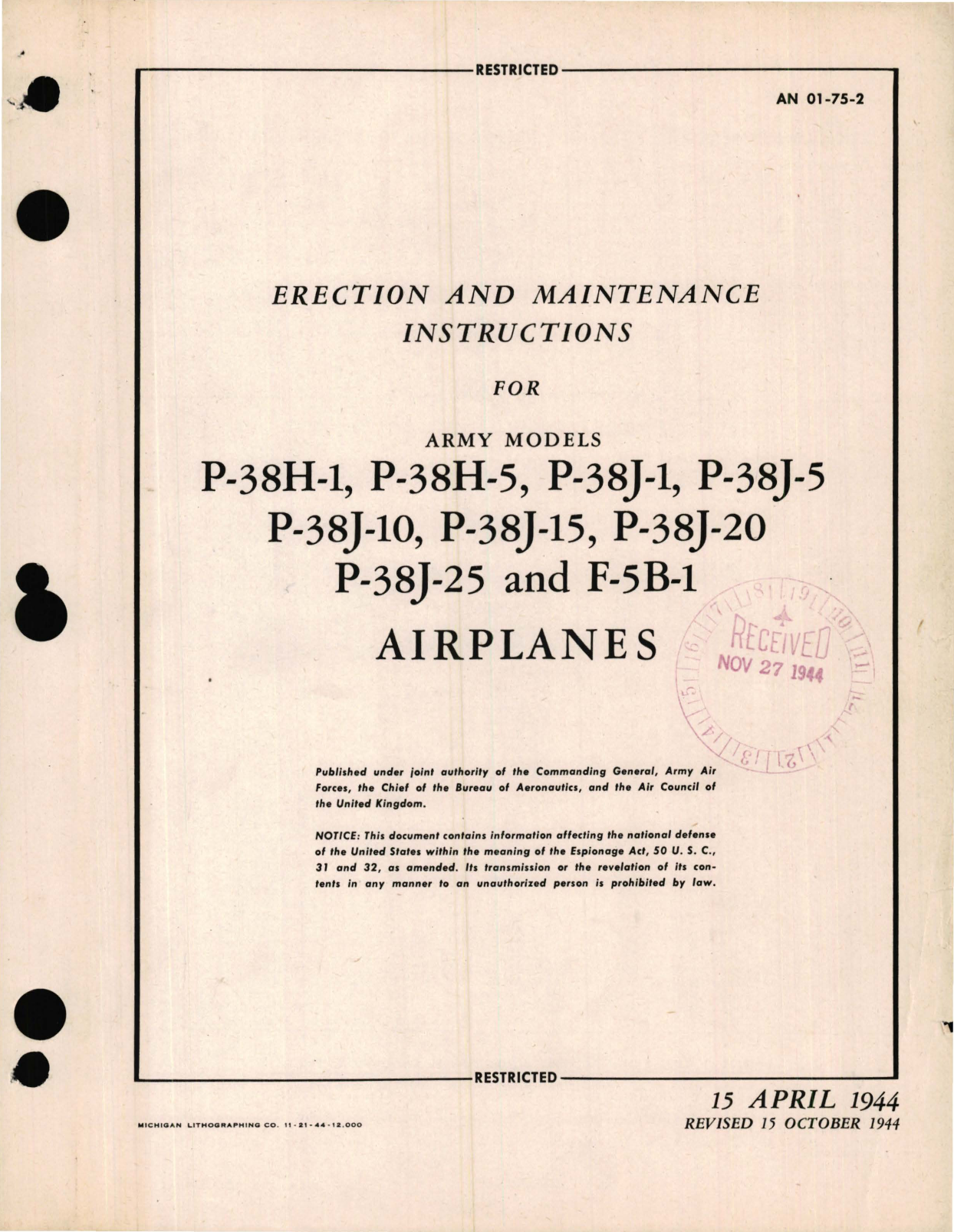 Sample page 1 from AirCorps Library document: Erection and Maintenance Instructions for Army Models P-38, and F-5B-1