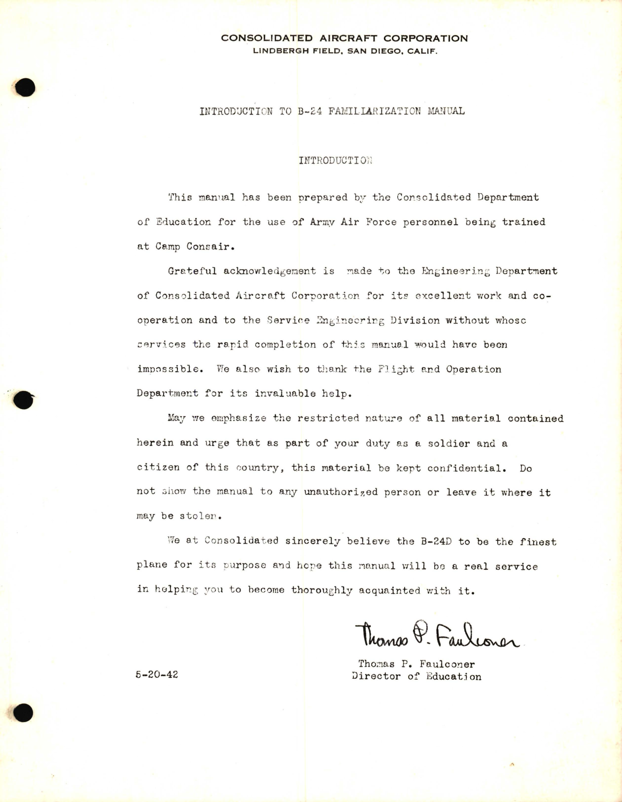 Sample page 1 from AirCorps Library document: Introduction to B-24 Familiarization 