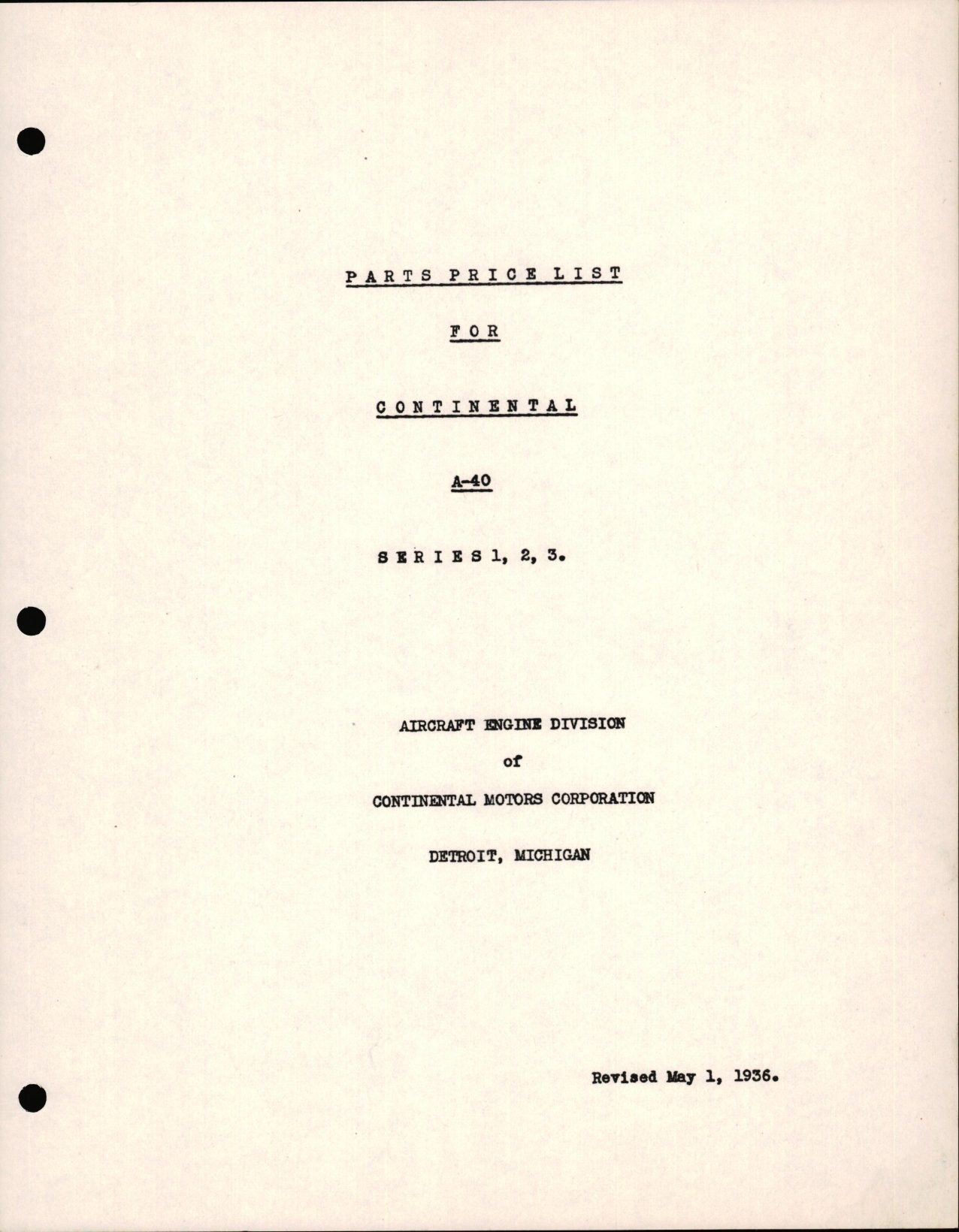 Sample page 1 from AirCorps Library document: Parts Price List for Continental A-40 Series 1, 2, and 3 Engines