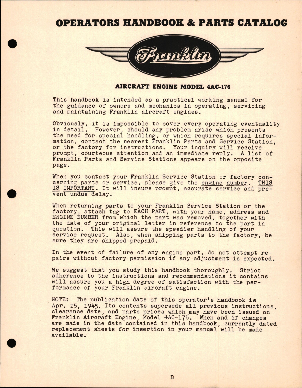 Sample page 5 from AirCorps Library document: Operators Handbook and Parts Catalog for Franklin Engine Model 4AC-176