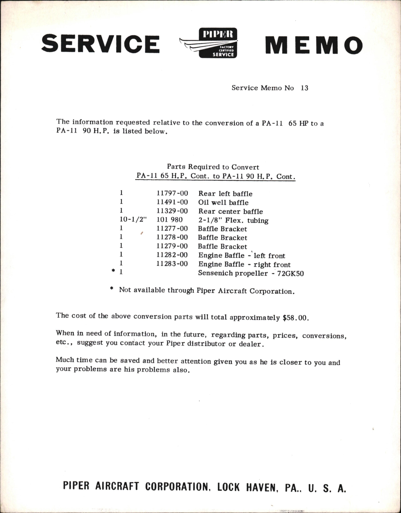 Sample page 1 from AirCorps Library document: Conversion of PA-11 with 65HP Continental to 90HP Continental Engine
