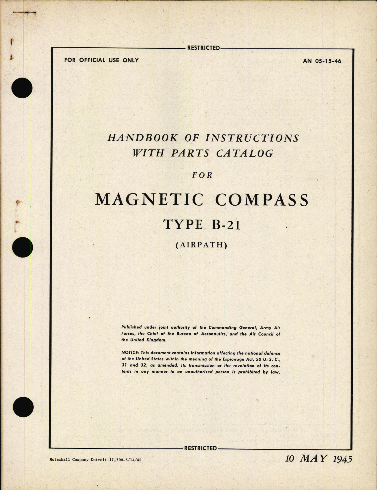 Sample page 1 from AirCorps Library document: Handbook of Instructions with Parts Catalog for Magnetic Compass Type B-21