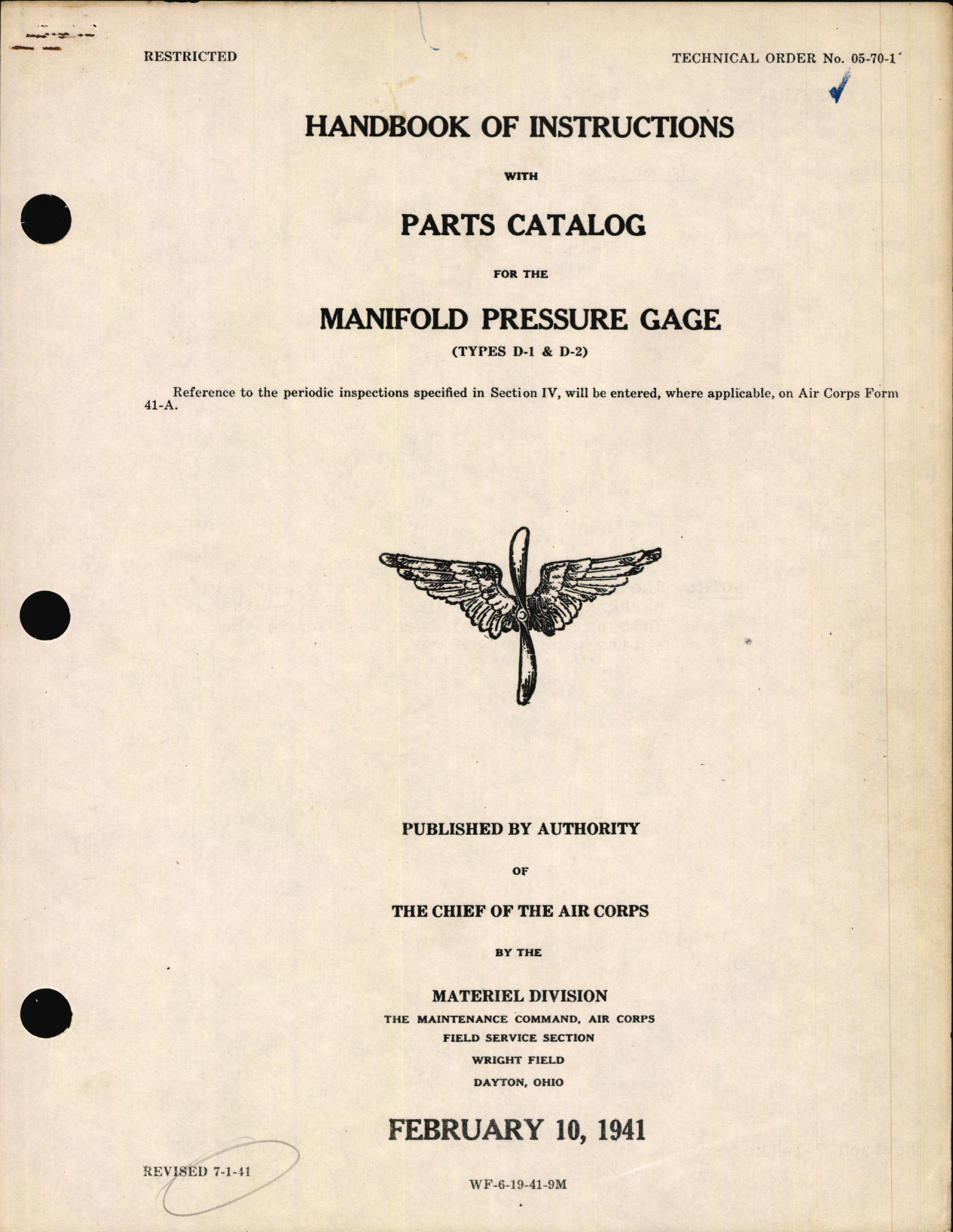 Sample page 1 from AirCorps Library document: Handbook of Instructions with Parts Catalog For Manifold Pressure Gage Types D-1 and D-2
