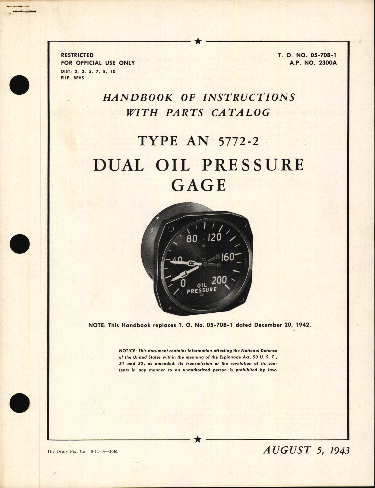 Sample page 1 from AirCorps Library document: Handbook of Instructions with Parts Catalog for Type AN 5772-2 Dual Oil Pressure Gage