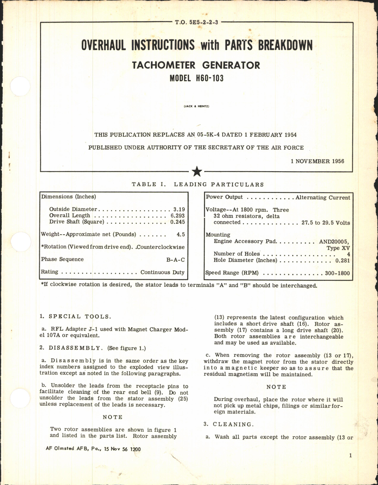 Sample page 1 from AirCorps Library document: Overhaul Instructions with Parts Breakdown for Tachometer Generator Model H60-103