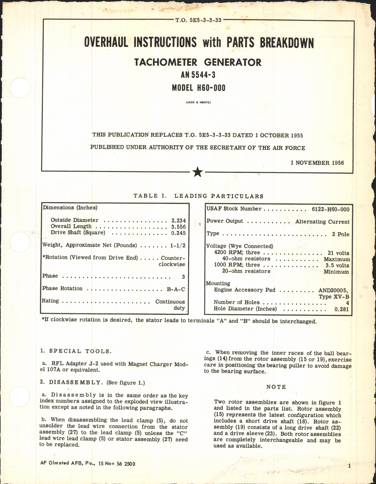 Sample page 1 from AirCorps Library document: Overhaul Instructions with Parts Breakdown for Tachometer Generator AN 5544-3 Model H60-000