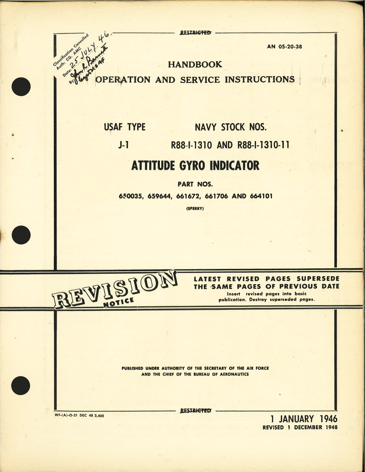 Sample page 1 from AirCorps Library document: Operation and Service Instructions for USAF Type J-1, Navy Stock R88-I-1310 and R88-I-1310-11 Attitude Gyro Indicator