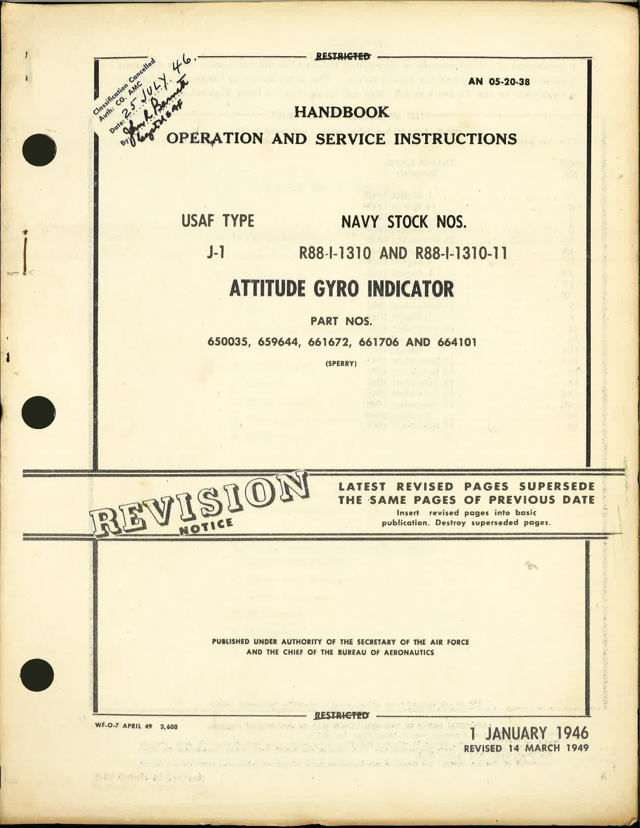 Sample page 1 from AirCorps Library document: Operation and Service Instructions for USAF Type J-1, Navy Stock R88-I-1310 and R88-I-1310-11 Attitude Gyro Indicator