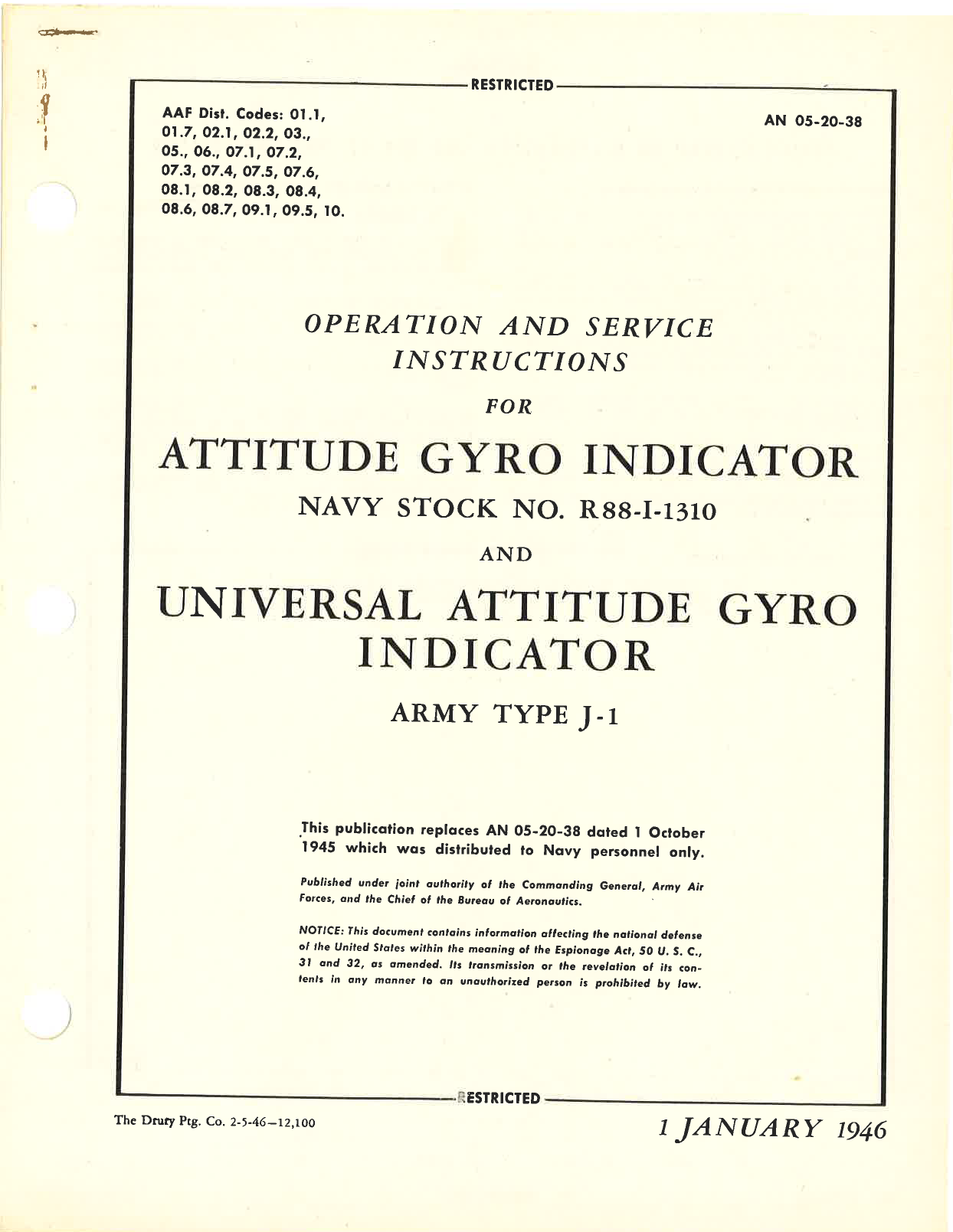 Sample page 1 from AirCorps Library document: Operation and Service Instructions for Attitude Gyro Indicator Navy R88-I-1310 and Universal Attitude Gyro Indicator Type J-1