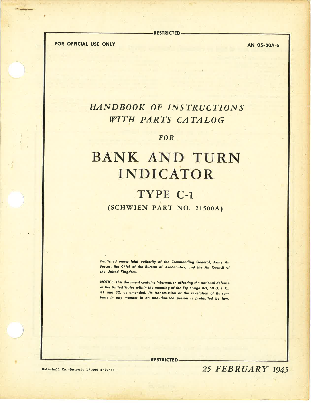 Sample page 1 from AirCorps Library document: Handbook of Instructions with Parts Catalog for Bank and Turn Indicator Type C-1 (Schwien PN 21500A)