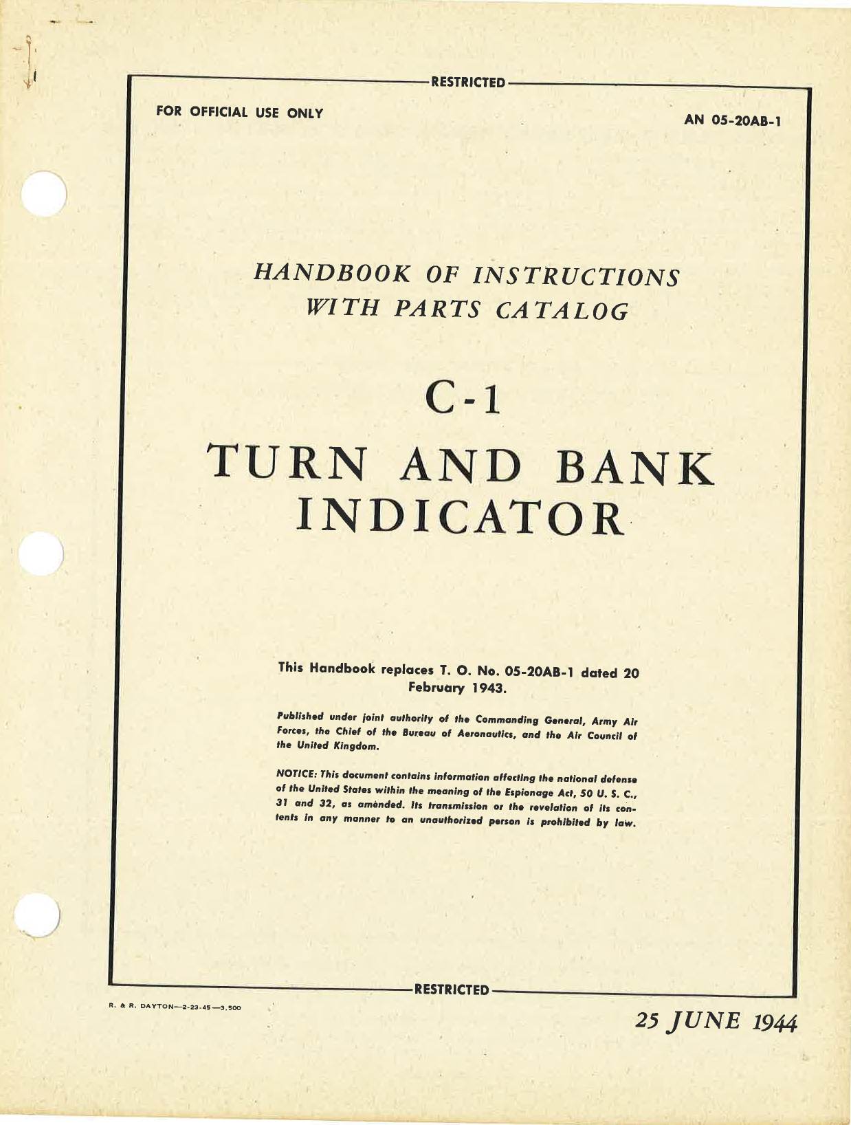 Sample page 1 from AirCorps Library document: Handbook of Instructions with Parts Catalog for C-1 Turn and Bank Indicator
