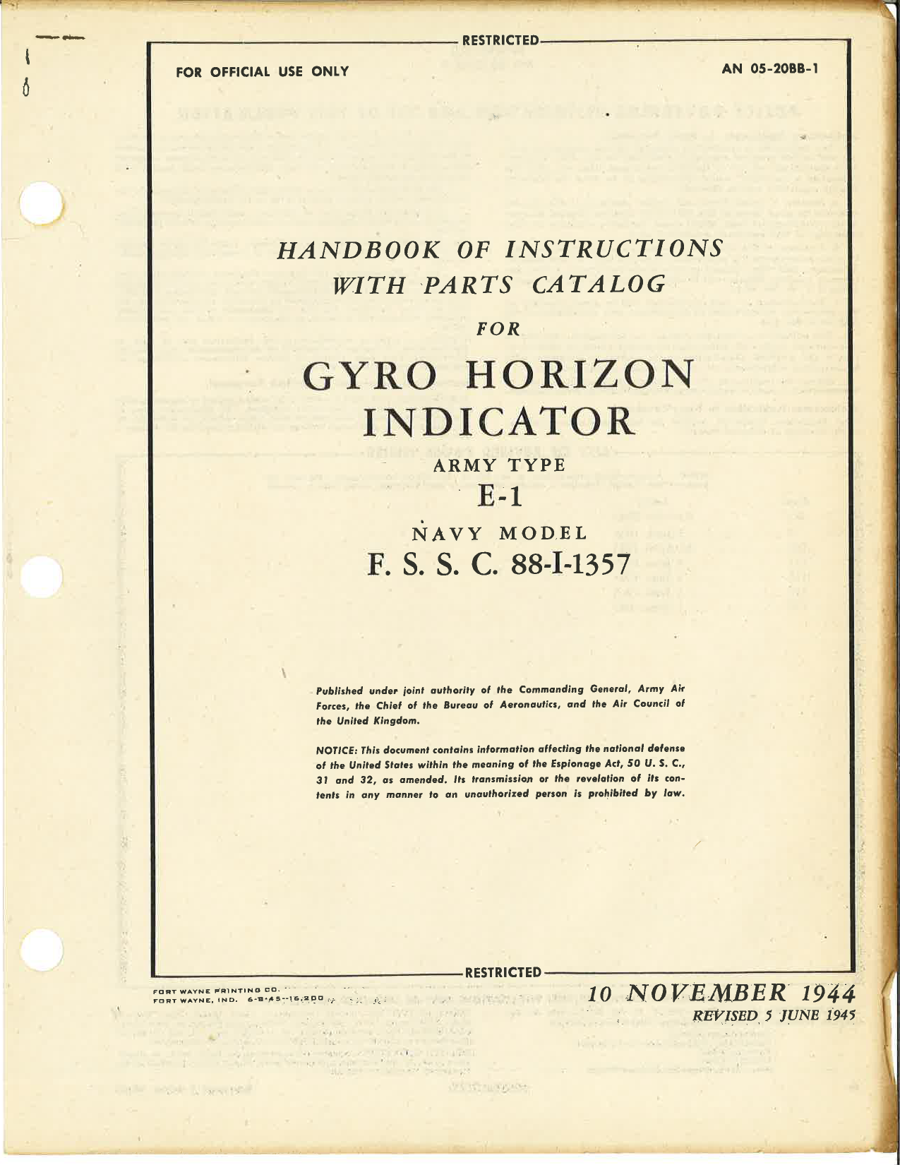 Sample page 1 from AirCorps Library document: Handbook of Instructions with Parts Catalog for Gyro Horizon Indicator Type E-1, F.S.S.C. 88-I-1357