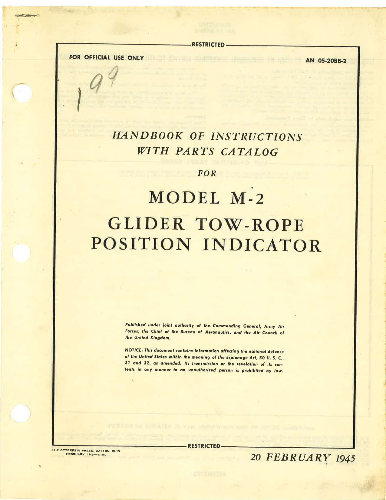 Sample page 1 from AirCorps Library document: Handbook of Instructions with Parts Catalog for Model M-2 Glider Tow-Rope Position Indicator