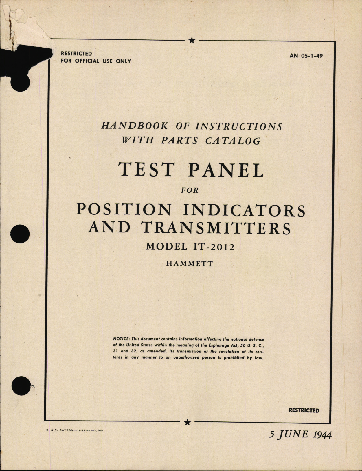 Sample page 1 from AirCorps Library document: Handbook of Instructions with Parts Catalog for Test Panel for Position Indicators and Transmitters Model IT-2012