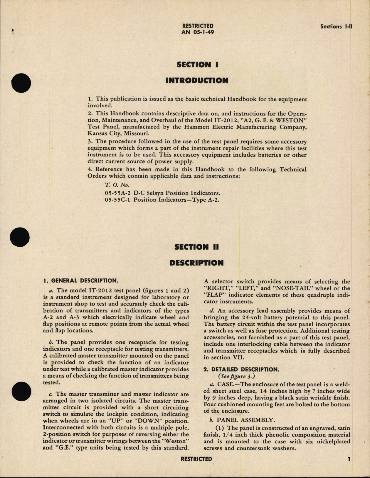 Sample page 5 from AirCorps Library document: Handbook of Instructions with Parts Catalog for Test Panel for Position Indicators and Transmitters Model IT-2012