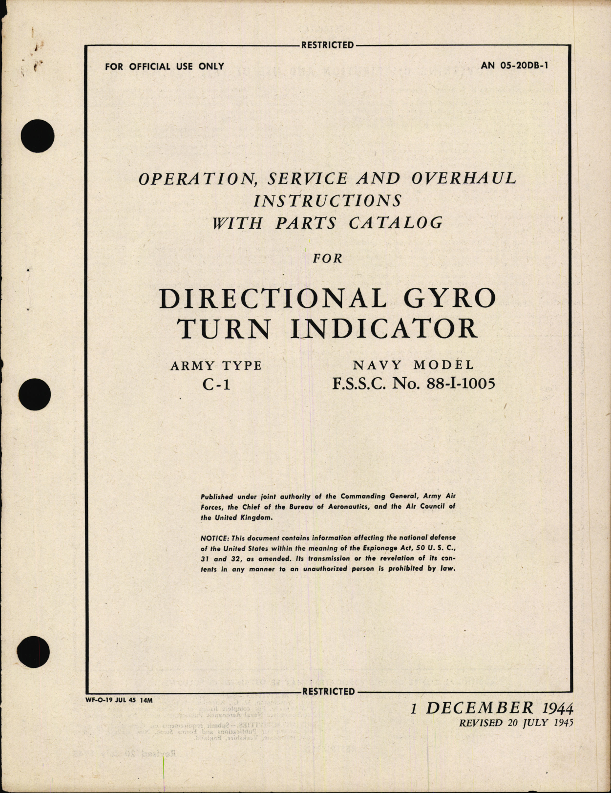 Sample page 1 from AirCorps Library document: Operation, Service & Overhaul Inst with Parts Catalog for Directional Gyro Turn Indicator Type C-1 F.S.S.C. No. 88-I-1005