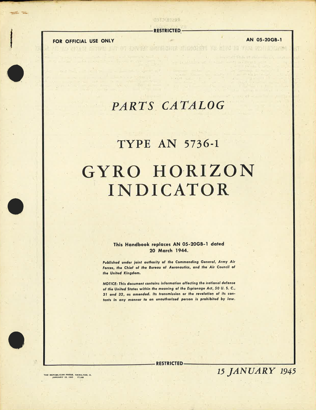 Sample page 1 from AirCorps Library document: Parts Catalog for Type AN 5736-1 Gyro Horizon Indicator