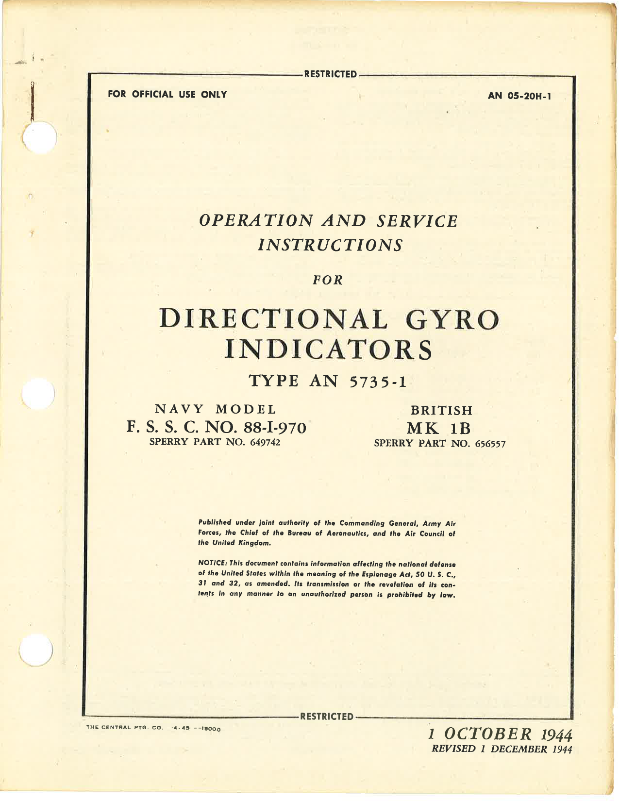 Sample page 1 from AirCorps Library document: Operation and Service Instructions for Directional Gyro Indicators Type AN 5735-1
