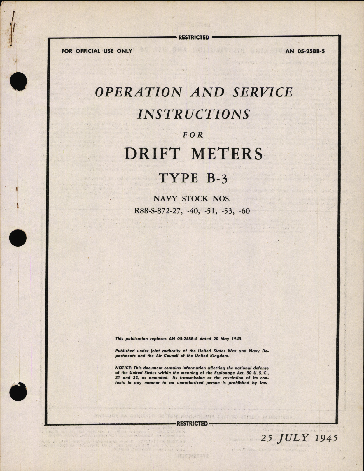 Sample page 1 from AirCorps Library document: Operation and Service Instructions for Drift Meters Type B-3 (Navy R88-S-872-27, -40, -51, -53, -60)