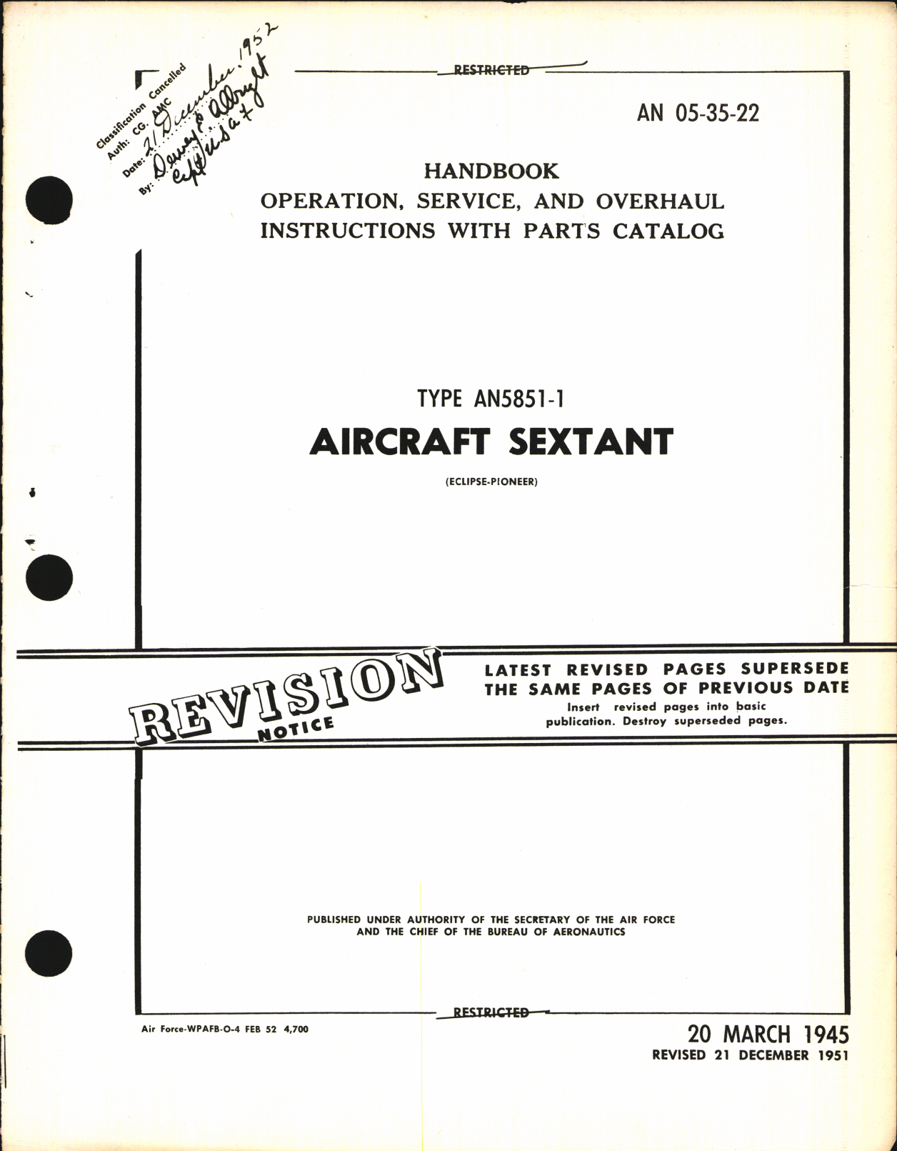 Sample page 1 from AirCorps Library document: Operation, Service, & Overhaul Instructions with Parts Catalog for Type AN5851-1 Aircraft Sextant