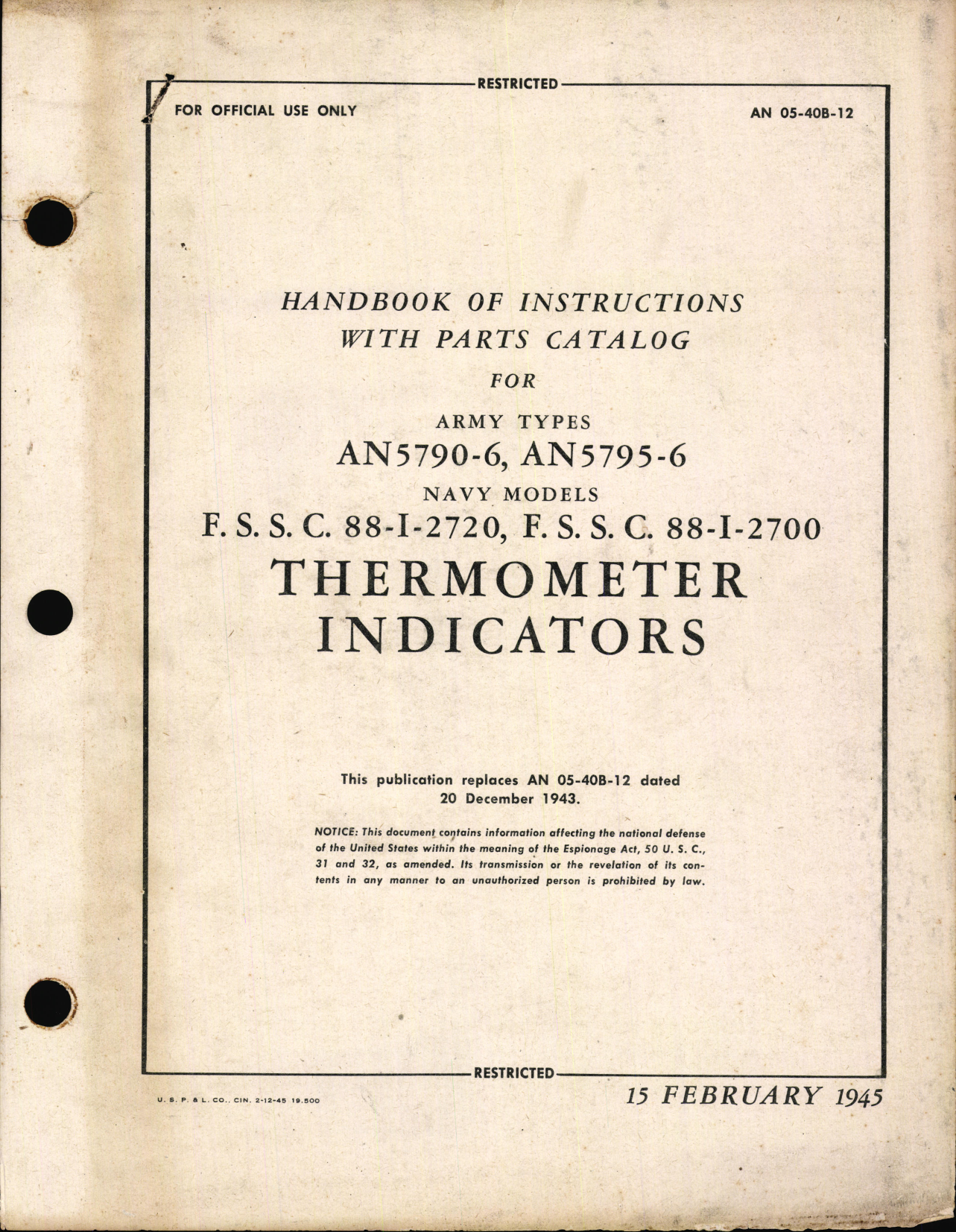Sample page 1 from AirCorps Library document: Handbook of Instructions with Parts Catalog for Thermometer Indicators