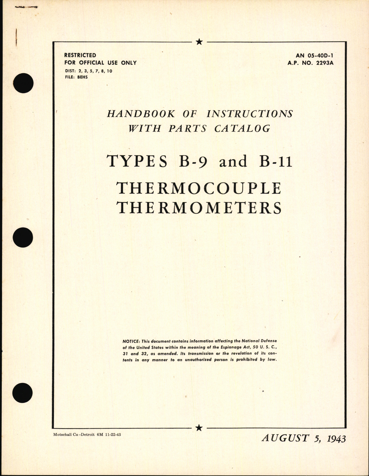 Sample page 1 from AirCorps Library document: Handbook of Instructions with Parts Catalog for Types B-9 and B-11 Thermocouple Thermometers