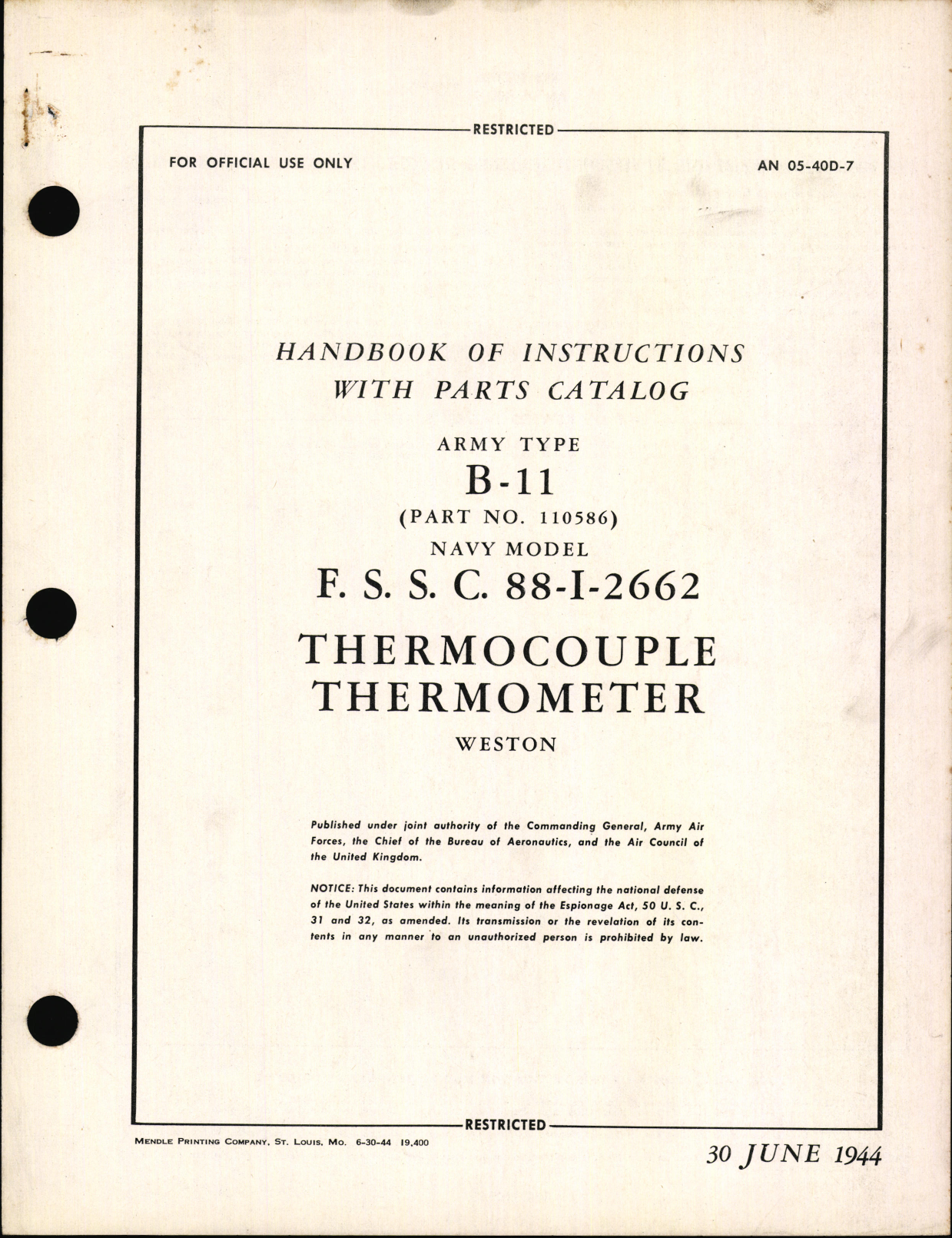 Sample page 1 from AirCorps Library document: Handbook of Instructions with Parts Catalog for Type B-11 and F.S.S.C. 88-I-2662 Thermocouple Thermometer
