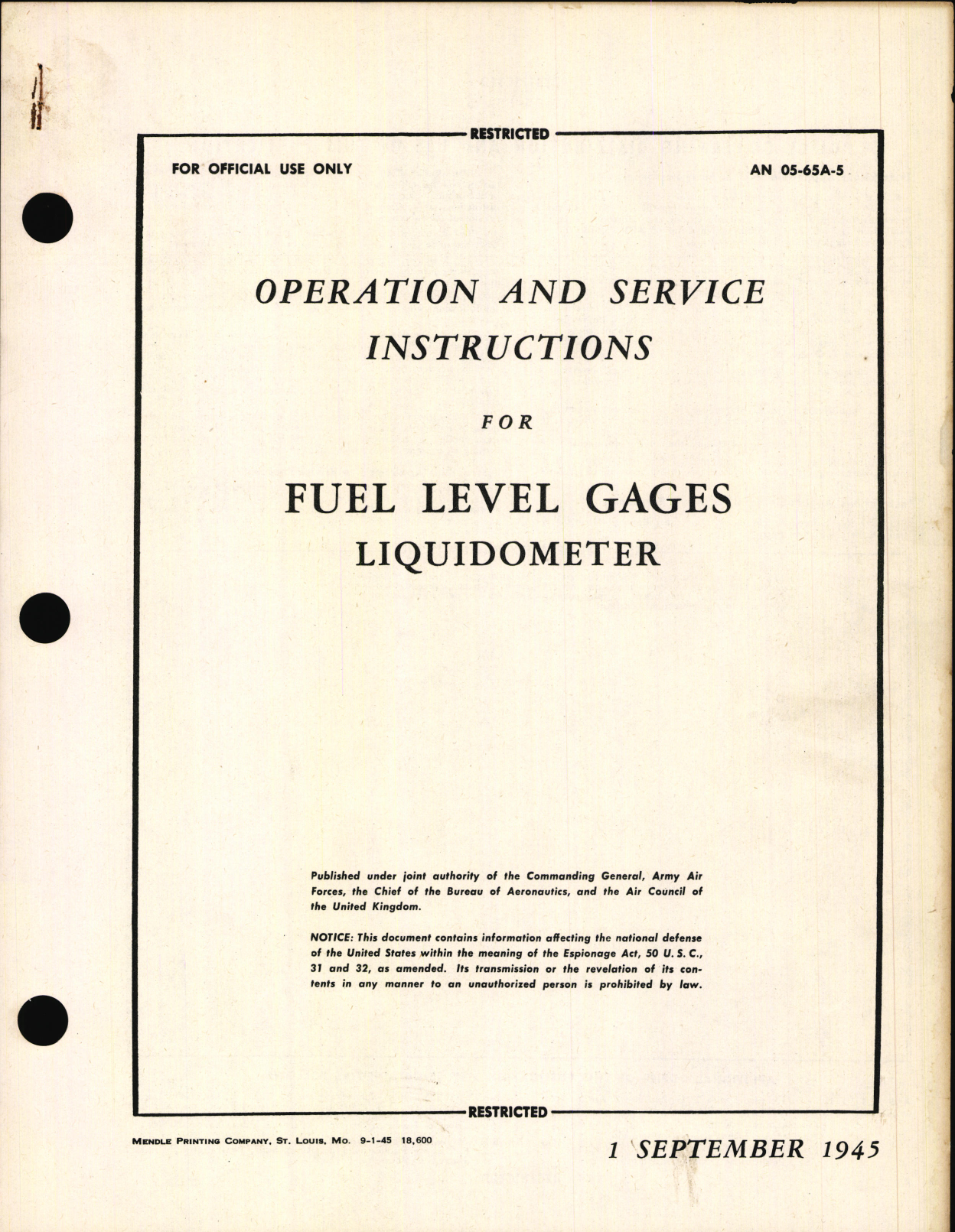 Sample page 1 from AirCorps Library document: Operation and Service Instructions for Fuel Level Gages