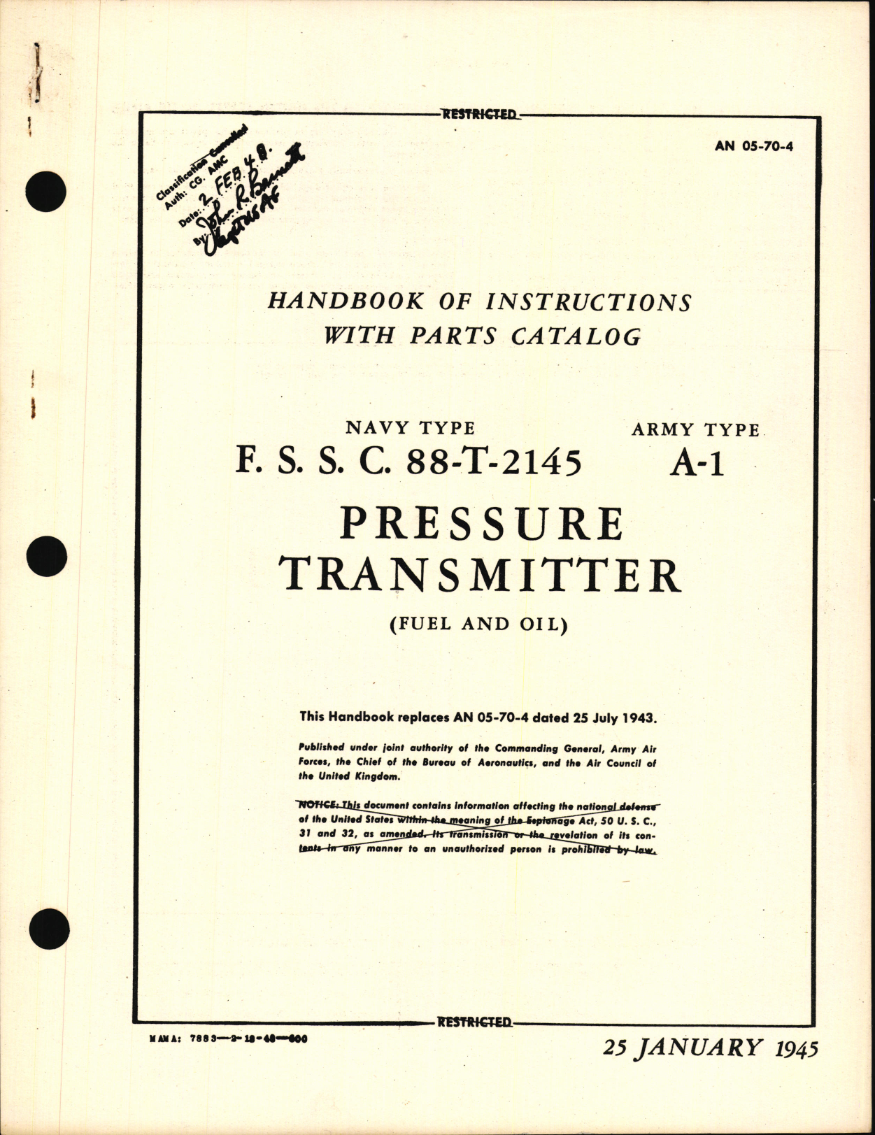 Sample page 1 from AirCorps Library document: Handbook of instructions with Parts Catalog for F.S.S.C. 88-T-2145 and A-1 Pressure Transmitter (Fuel & Oil)