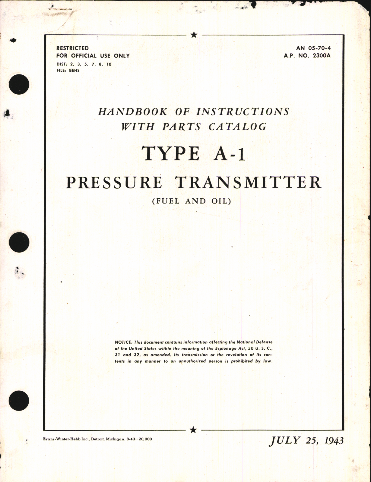 Sample page 1 from AirCorps Library document: Handbook of Instructions with Parts Catalog for Type A-1 Pressure Transmitter (Fuel & Oil)