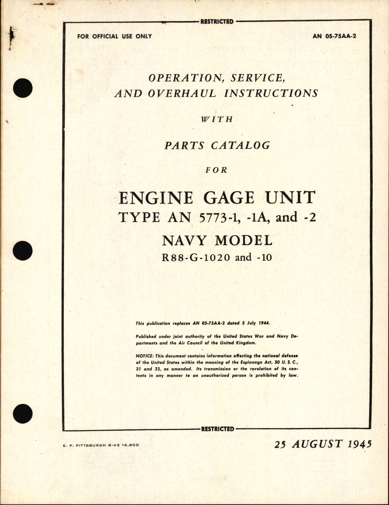 Sample page 1 from AirCorps Library document: Operation, Service, & Overhaul Instructions with Parts Catalog for Engine Gage Unit