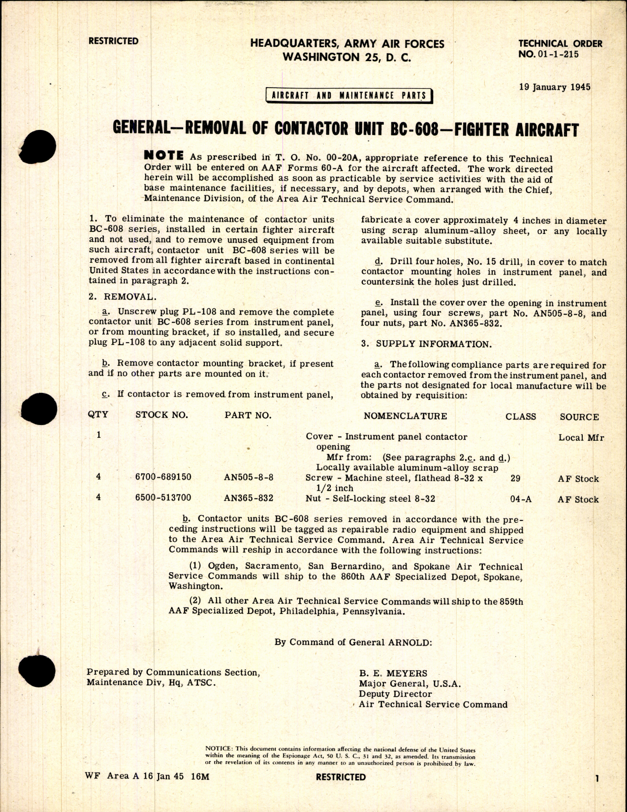 Sample page 1 from AirCorps Library document: Removal of Contactor Unit BC-608 for Fighter Aircraft