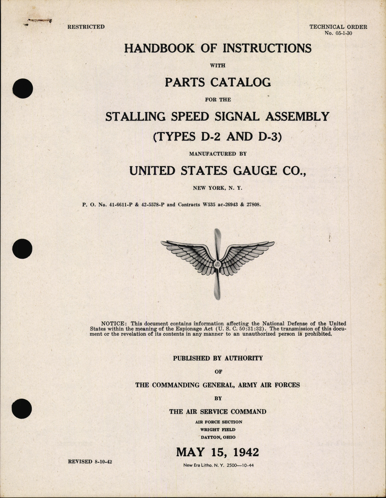 Sample page 1 from AirCorps Library document: Handbook of Instructions with Parts Catalog for Stalling Speed Signal Assembly