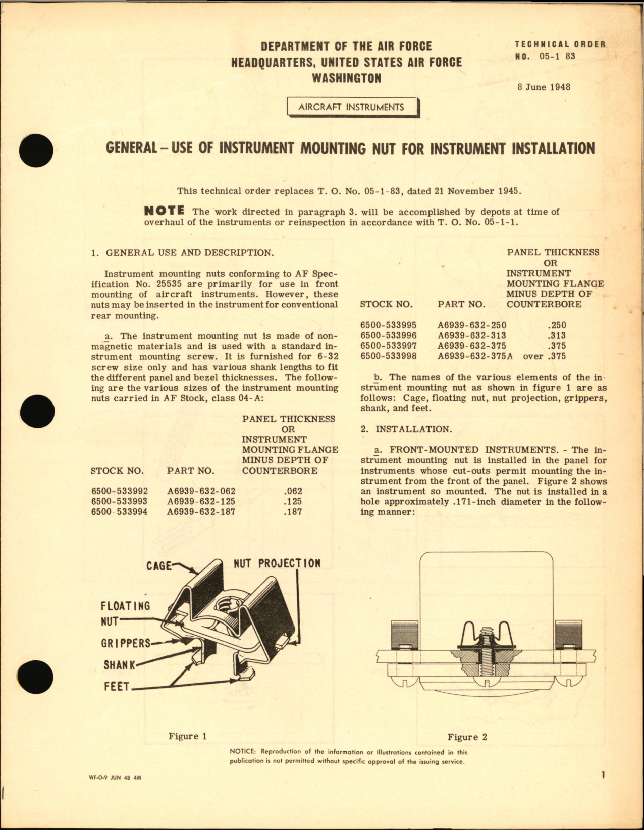 Sample page 1 from AirCorps Library document: Use of Instrument Mounting Nut for Instrument Installation