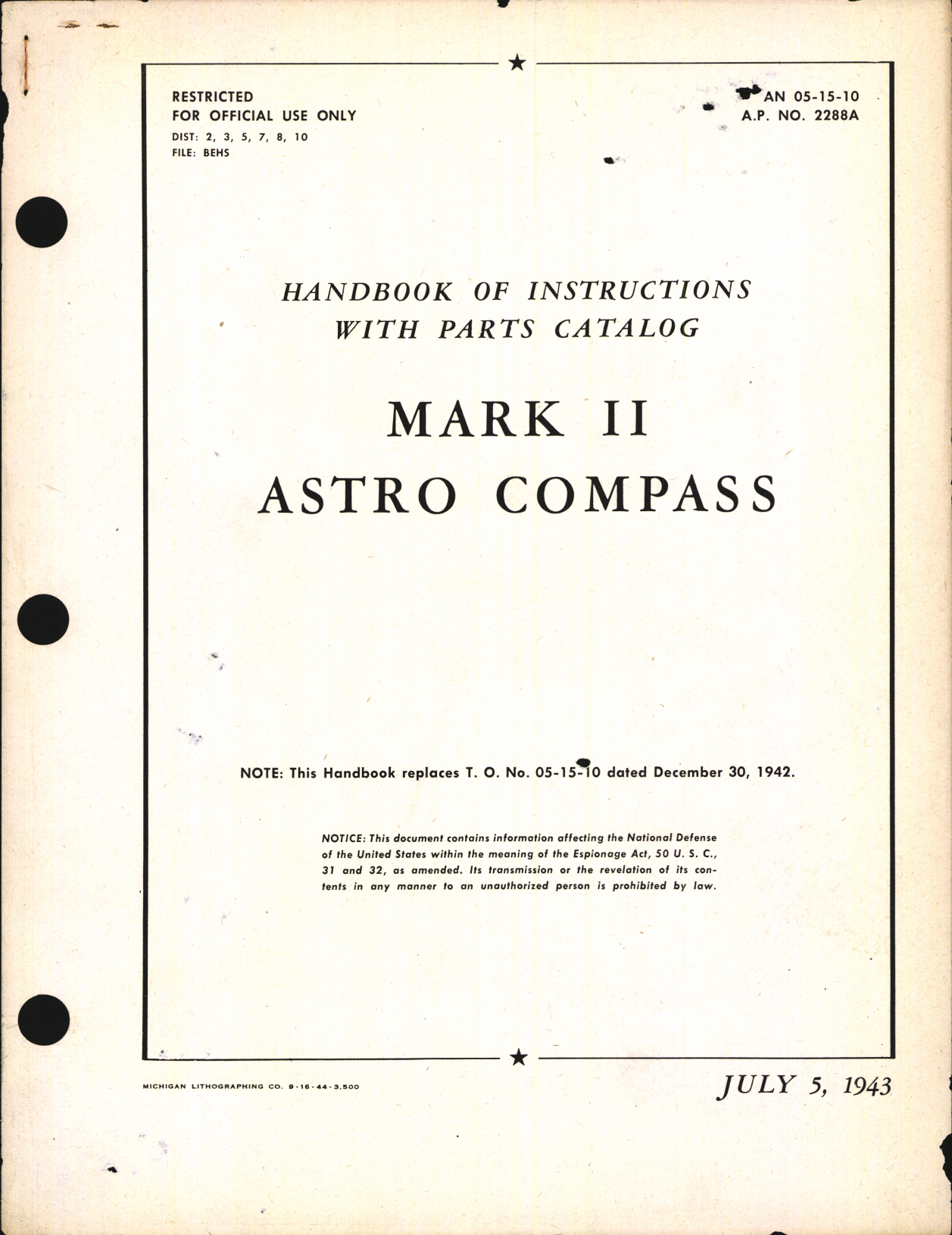 Sample page 1 from AirCorps Library document: Handbook of Instructions with Parts Catalog for Mark II Astro Compass